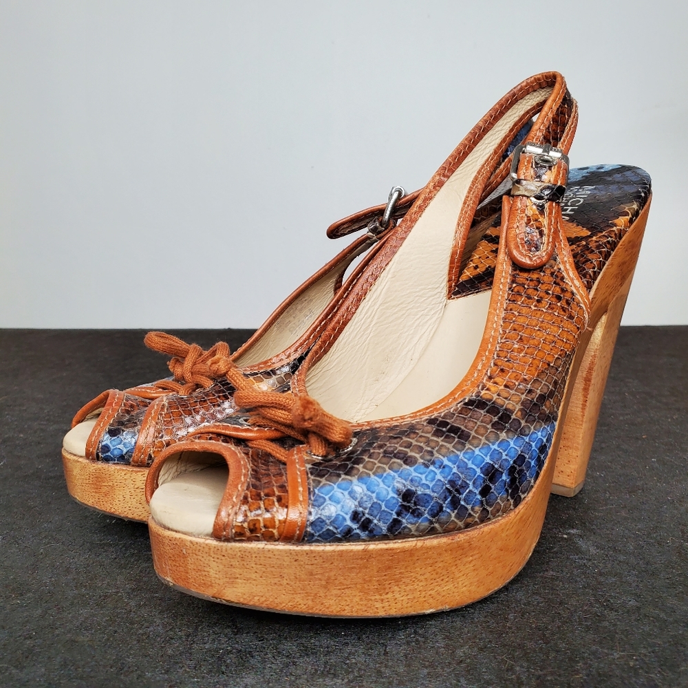 10) MICHAEL KORS Ombre Snake 🐍 Chunk Wood Platform Slingbacks Sz. 8.5 - Picture 2 of 8